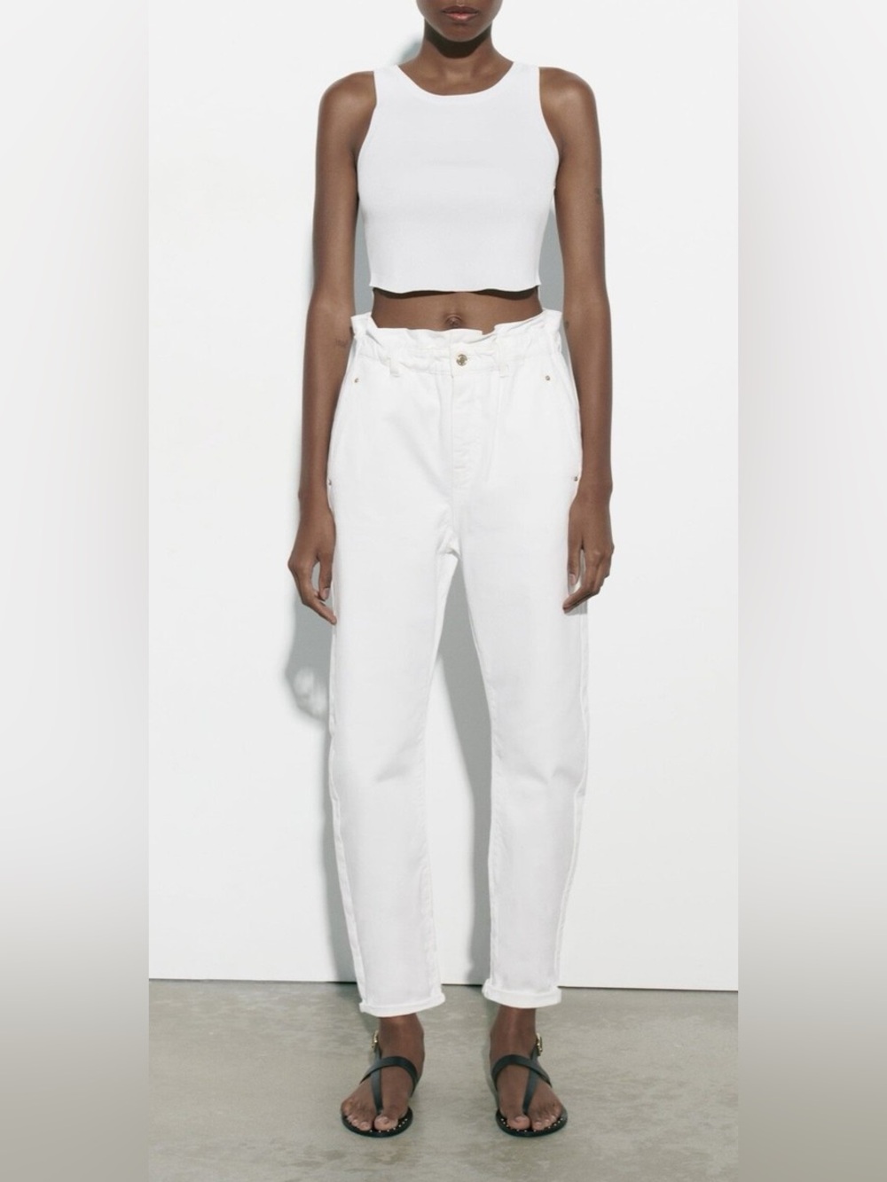 Zara White Paperbag Waist Tapered Pants